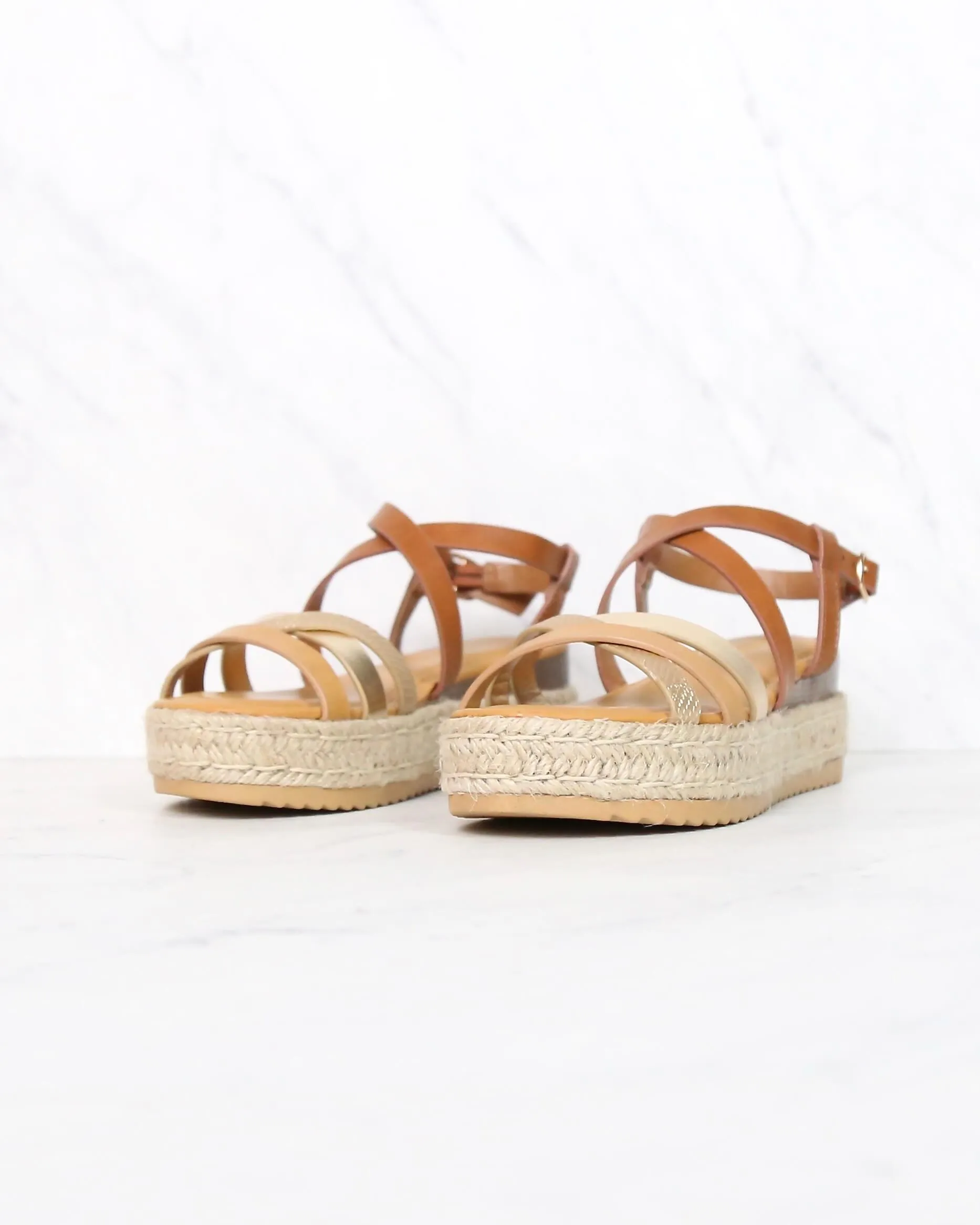 Multi Bands Crossed-Strap Espadrille Platform Sandal with Ankle Strap in Natural Multi