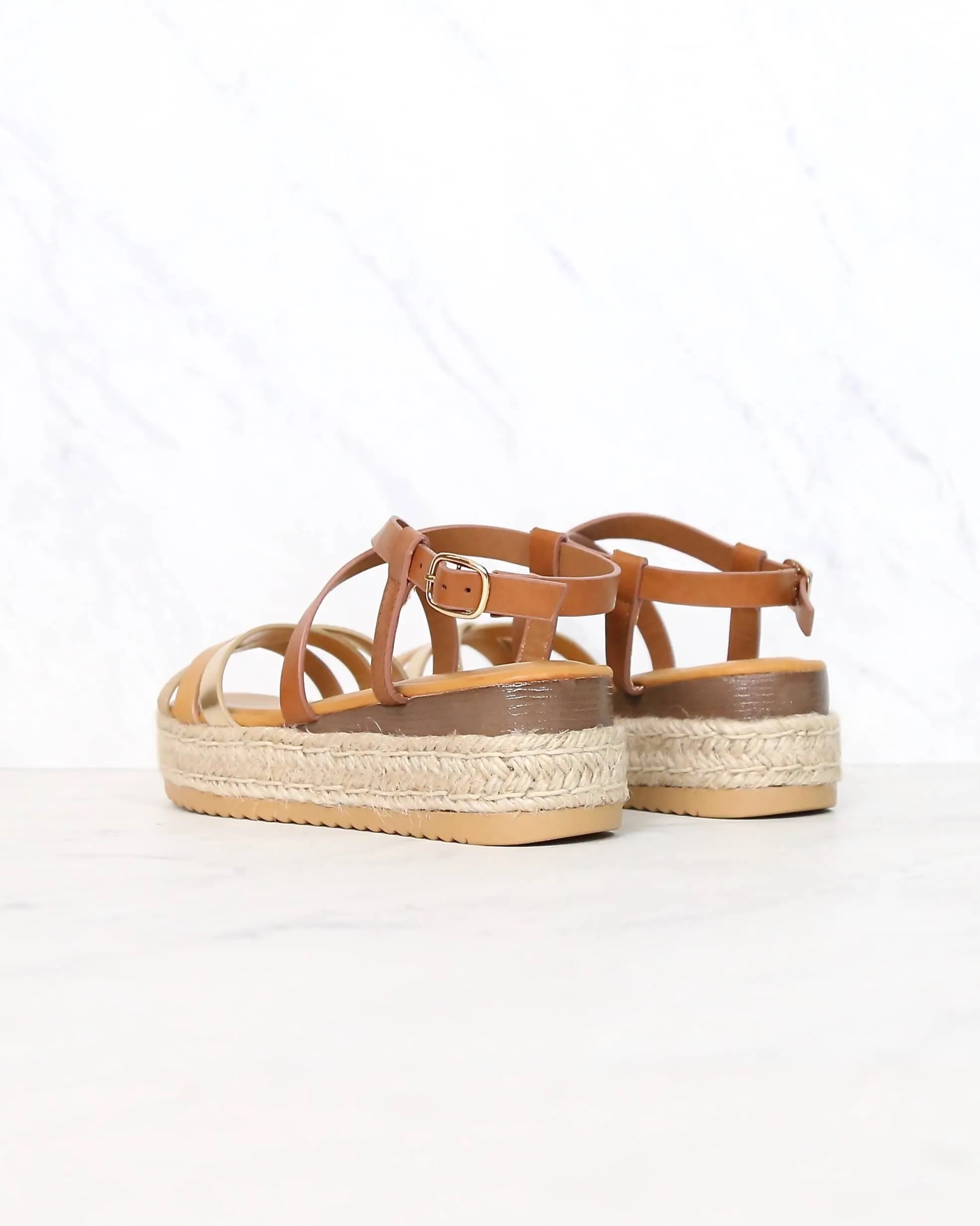 Multi Bands Crossed-Strap Espadrille Platform Sandal with Ankle Strap in Natural Multi