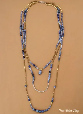 Natural Blue Sodalite & Seed Bead Multi-Layer Necklace