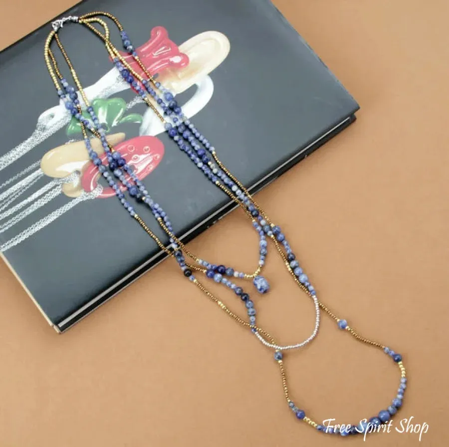 Natural Blue Sodalite & Seed Bead Multi-Layer Necklace