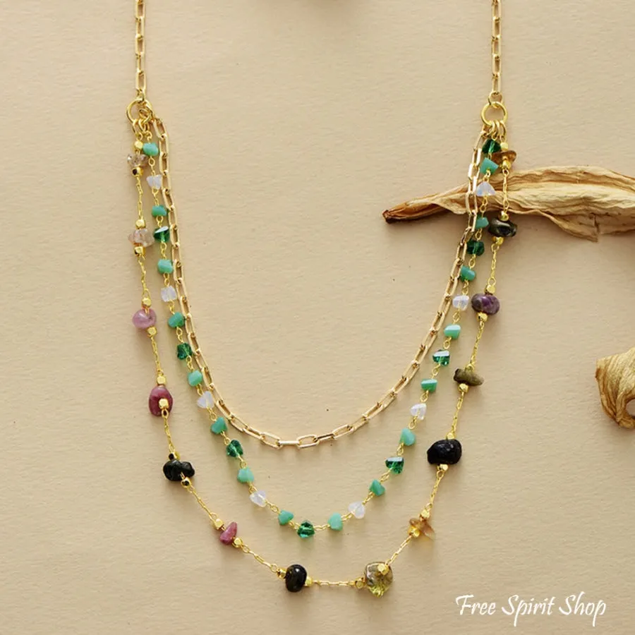 Natural Tourmaline & Green Aventurine Gold Chain Multi-Layer Necklace