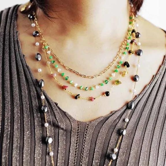 Natural Tourmaline & Green Aventurine Gold Chain Multi-Layer Necklace