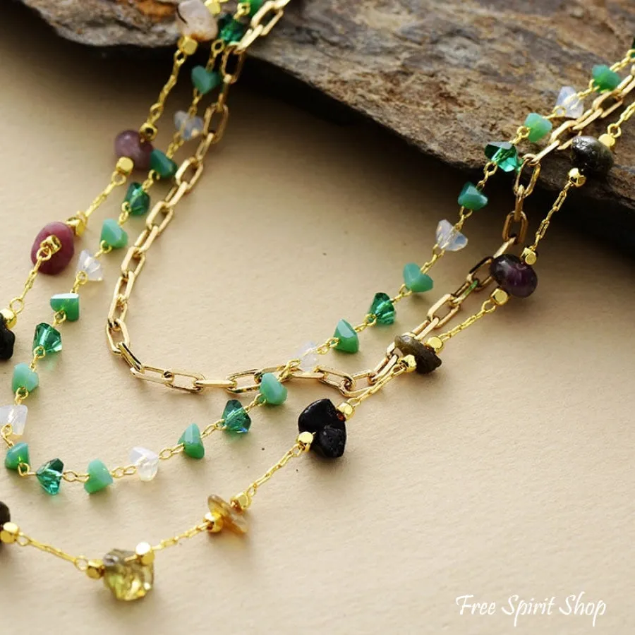 Natural Tourmaline & Green Aventurine Gold Chain Multi-Layer Necklace