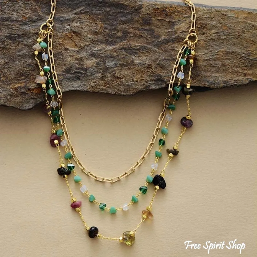 Natural Tourmaline & Green Aventurine Gold Chain Multi-Layer Necklace