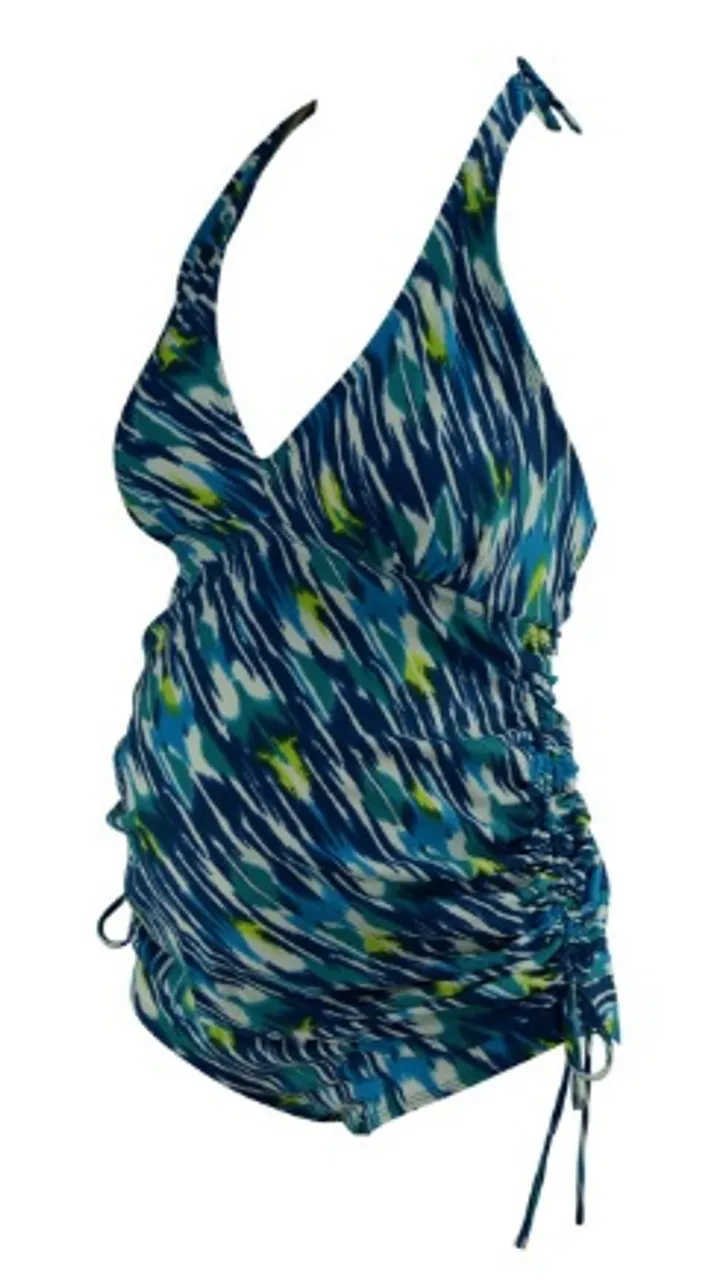 *New* Teal  A Pea In The Pod Maternity Mixed Etched Print Halter 2 Piece Maternity Tankini Swim Suit Set 