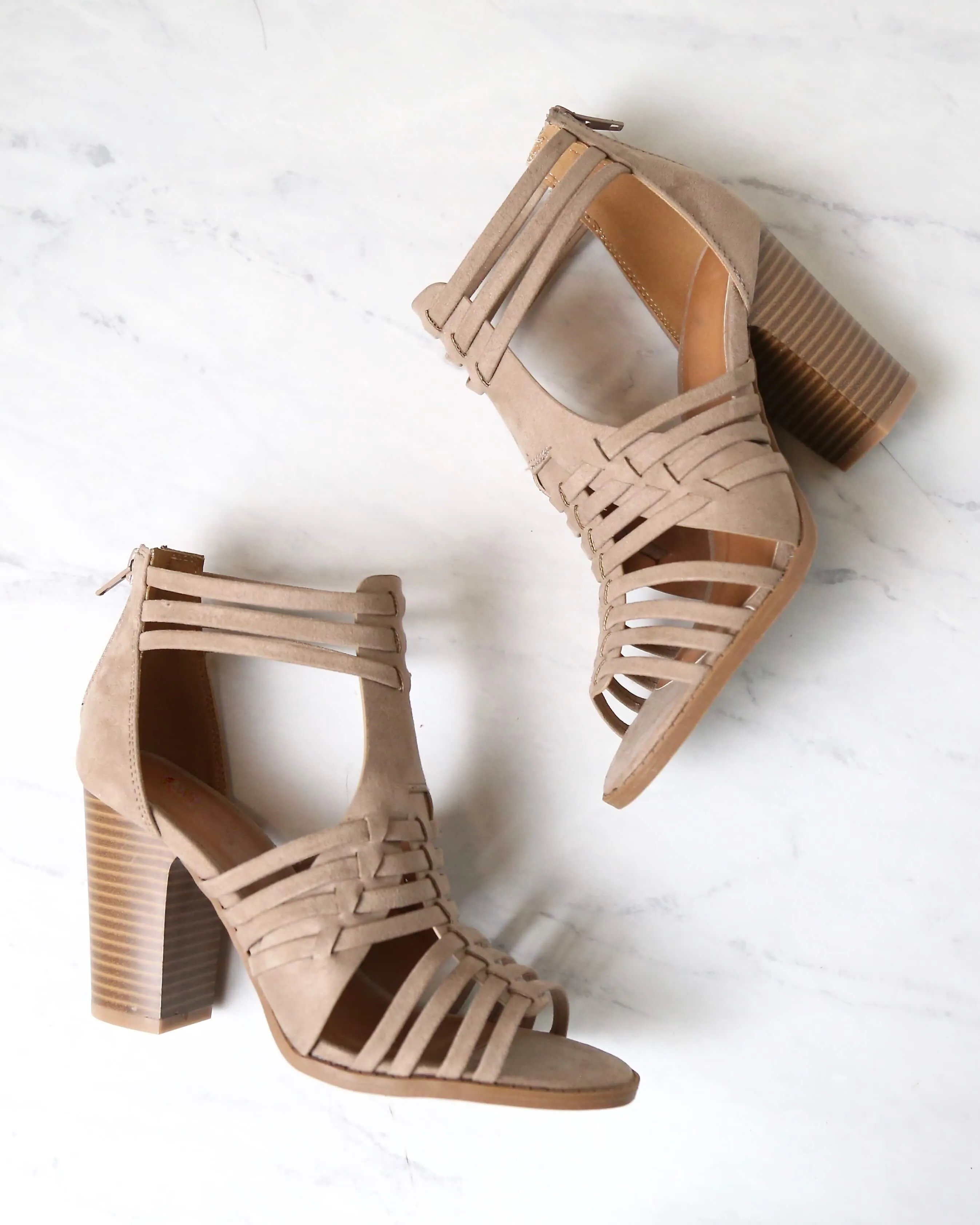 Nothing Breaks Like a Heart Cut Out Woven Ankle Strap Suede Peep Toe Booties in Taupe