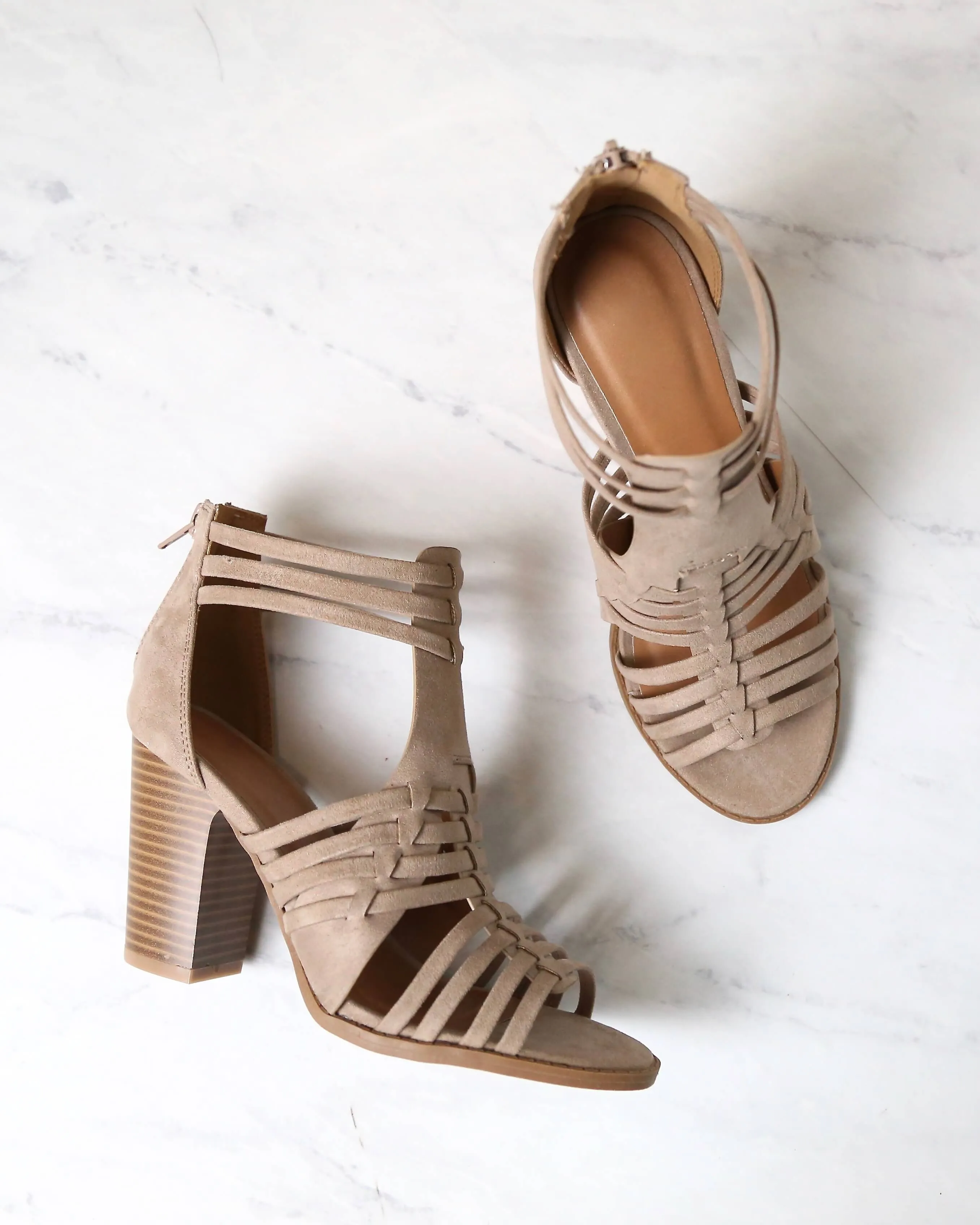 Nothing Breaks Like a Heart Cut Out Woven Ankle Strap Suede Peep Toe Booties in Taupe