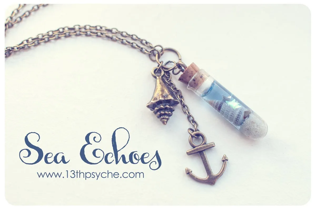 Ocean  and shell glass vial pendant necklace