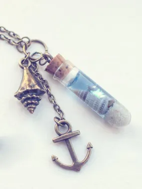 Ocean  and shell glass vial pendant necklace