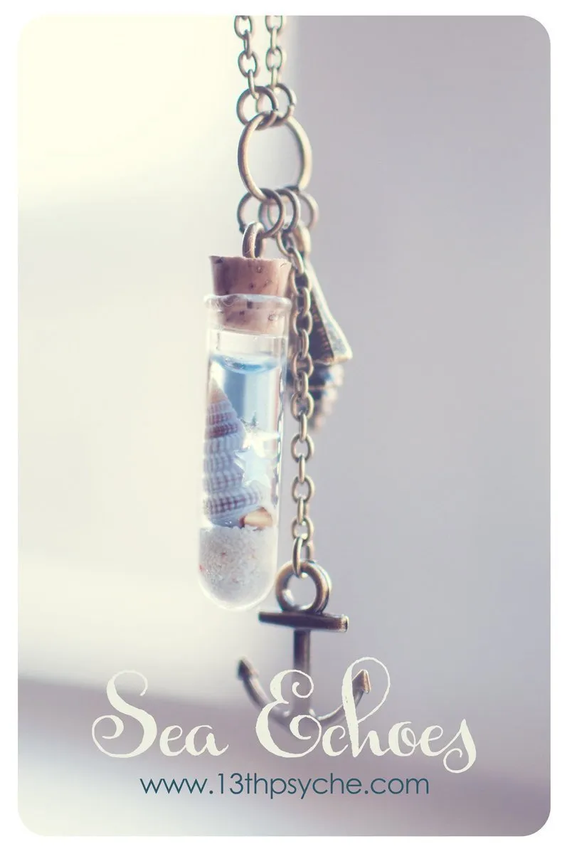 Ocean  and shell glass vial pendant necklace