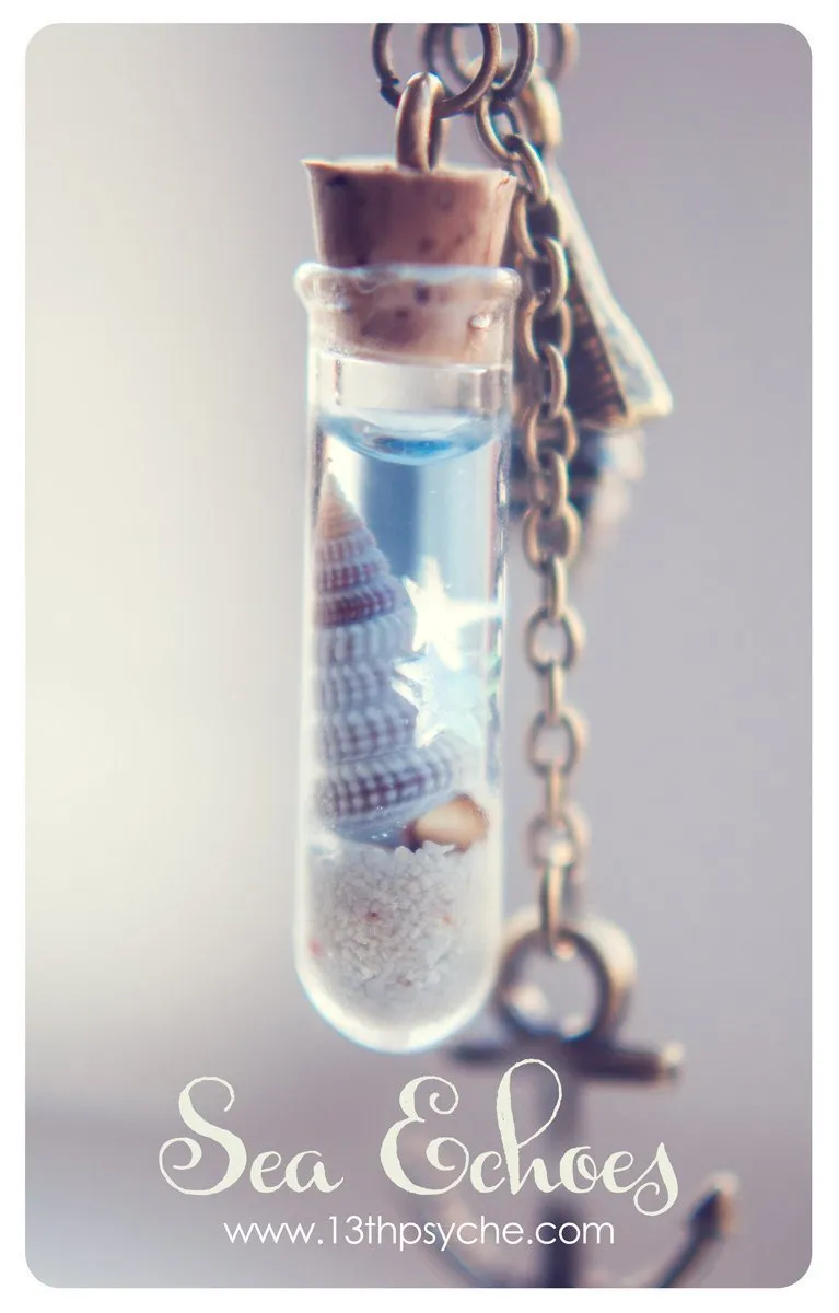 Ocean  and shell glass vial pendant necklace