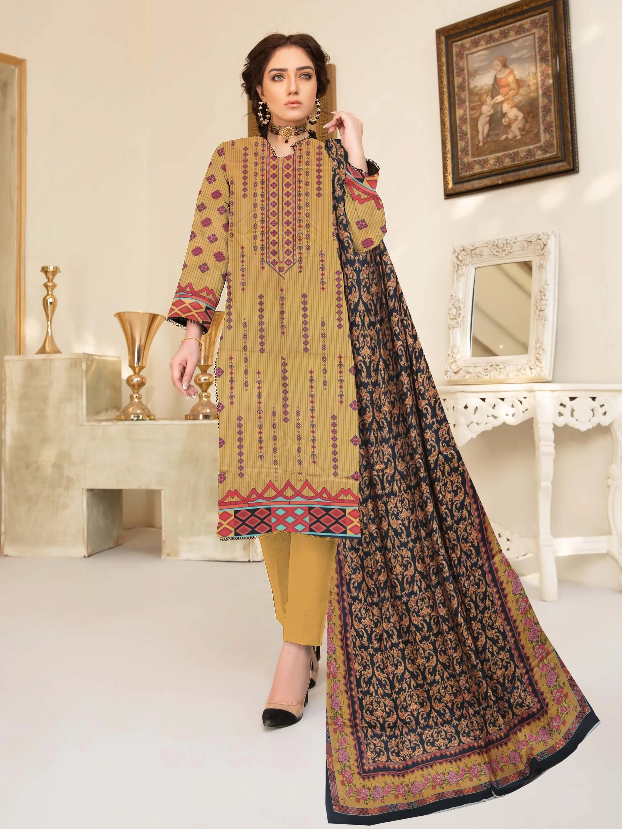 Rashk e Qamar Digital Printed Linen Unstitched 3Pc Suit D-06