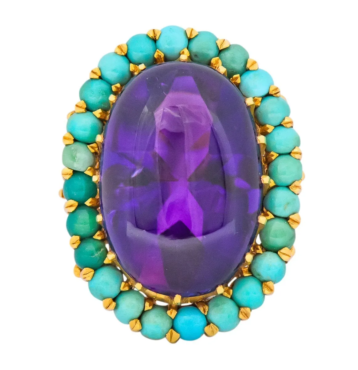 Retro 1960's Amethyst Turquoise 18 Karat Gold Cluster Cocktail Ring