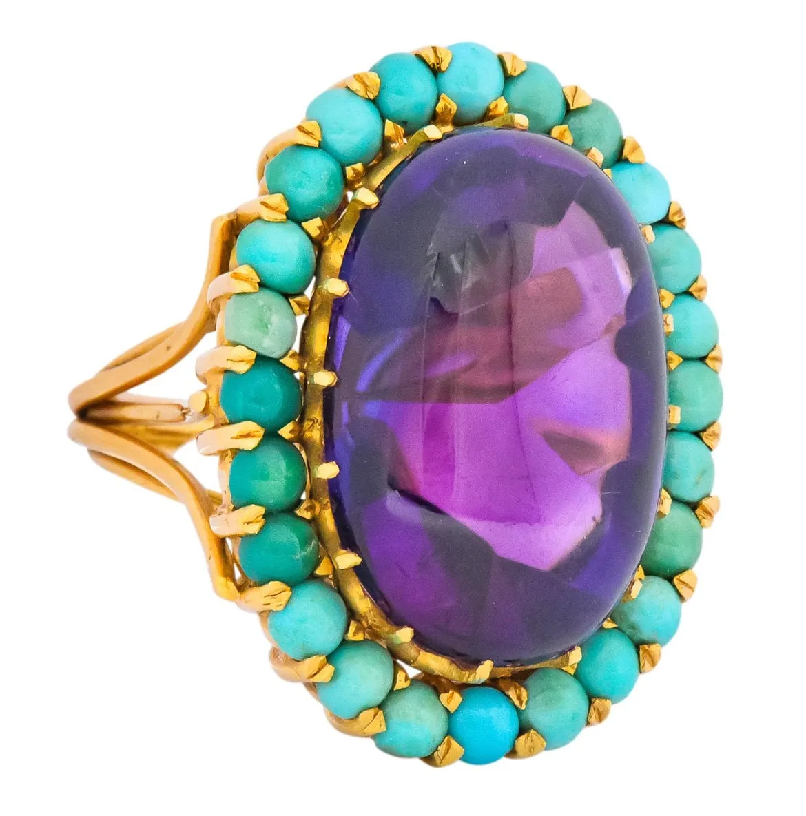 Retro 1960's Amethyst Turquoise 18 Karat Gold Cluster Cocktail Ring