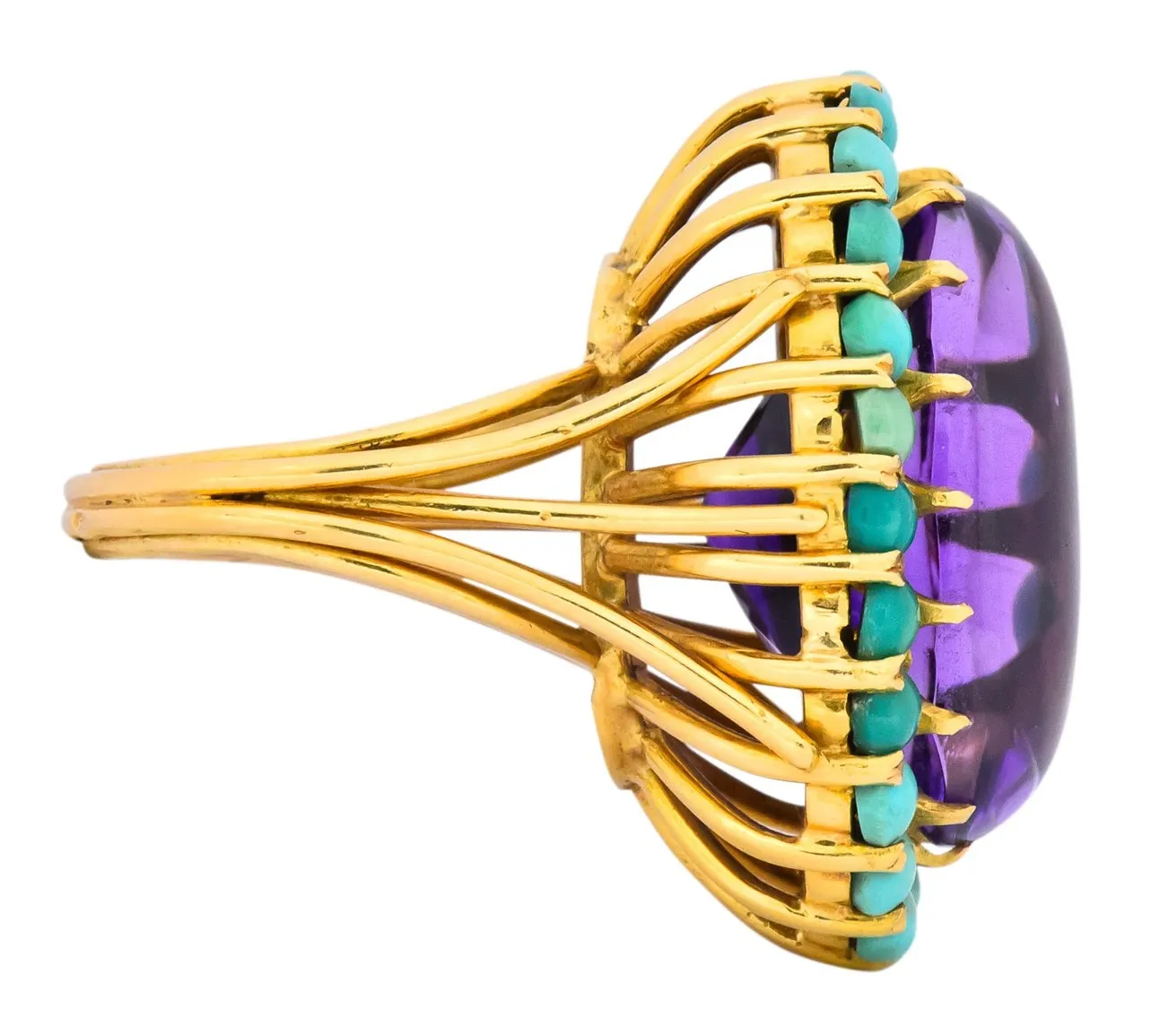 Retro 1960's Amethyst Turquoise 18 Karat Gold Cluster Cocktail Ring