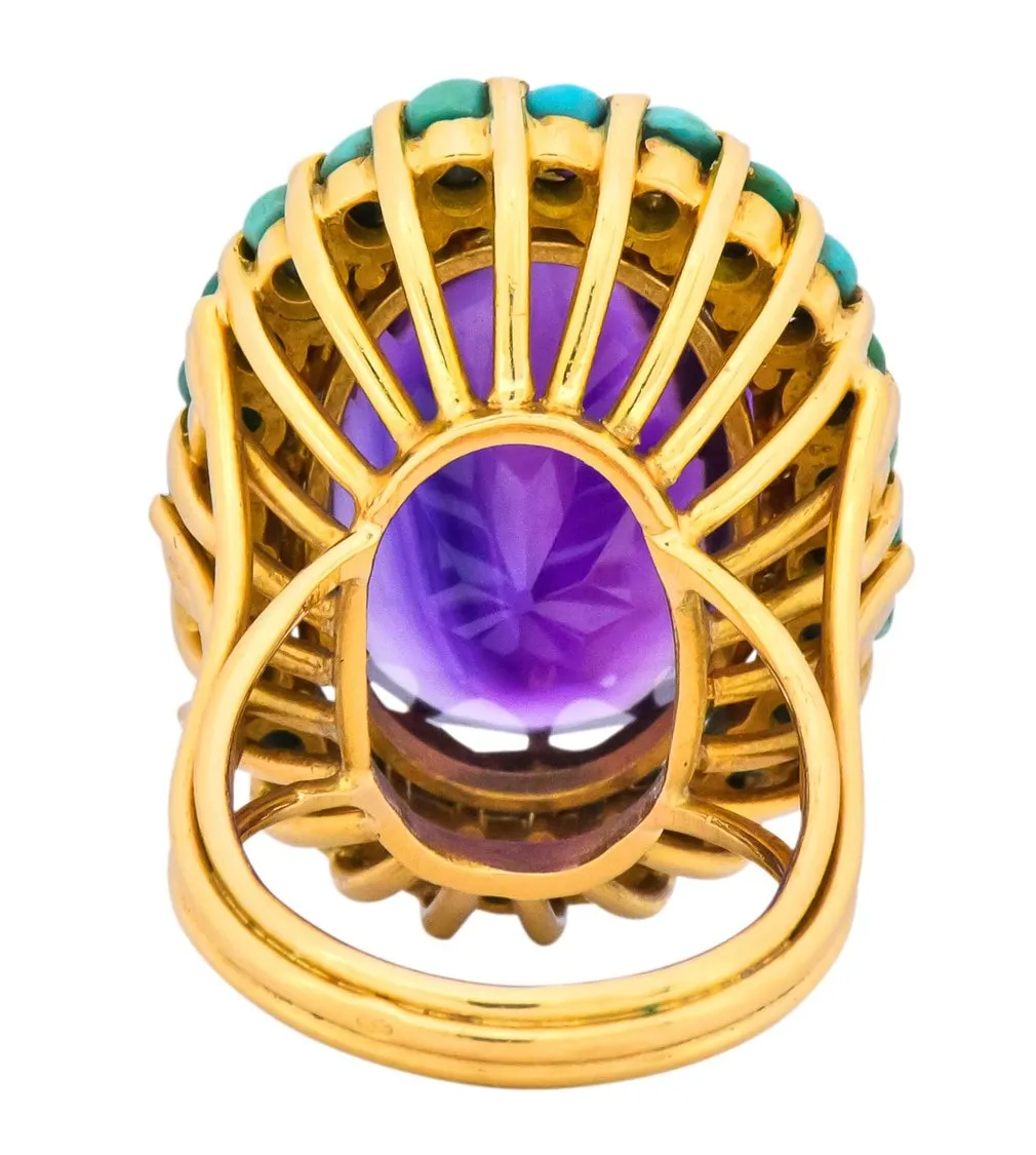 Retro 1960's Amethyst Turquoise 18 Karat Gold Cluster Cocktail Ring