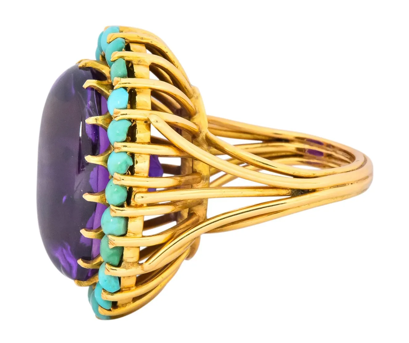 Retro 1960's Amethyst Turquoise 18 Karat Gold Cluster Cocktail Ring