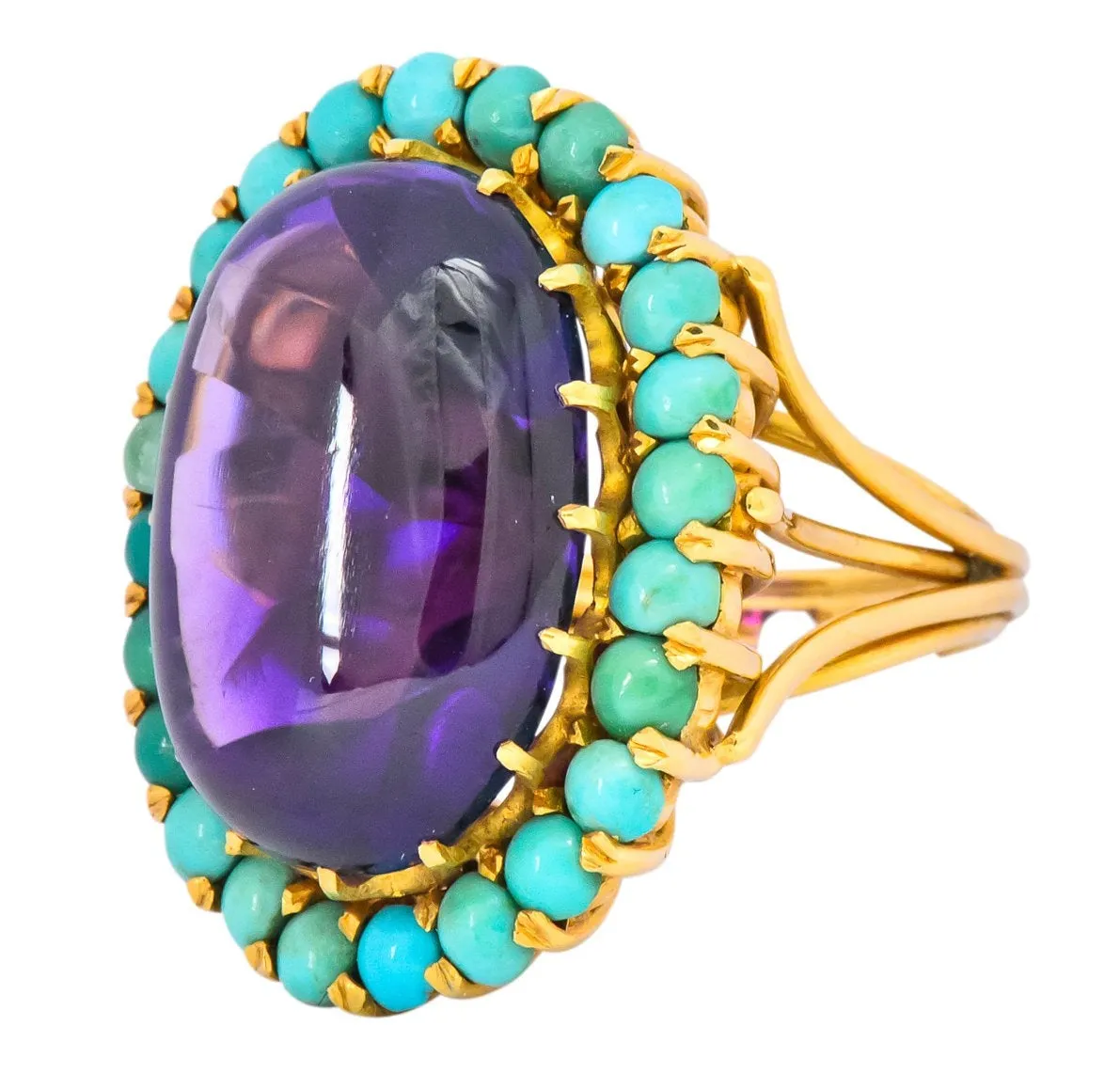 Retro 1960's Amethyst Turquoise 18 Karat Gold Cluster Cocktail Ring