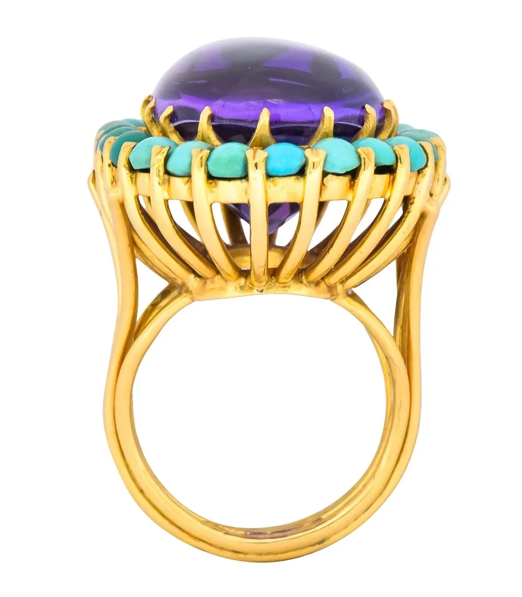 Retro 1960's Amethyst Turquoise 18 Karat Gold Cluster Cocktail Ring