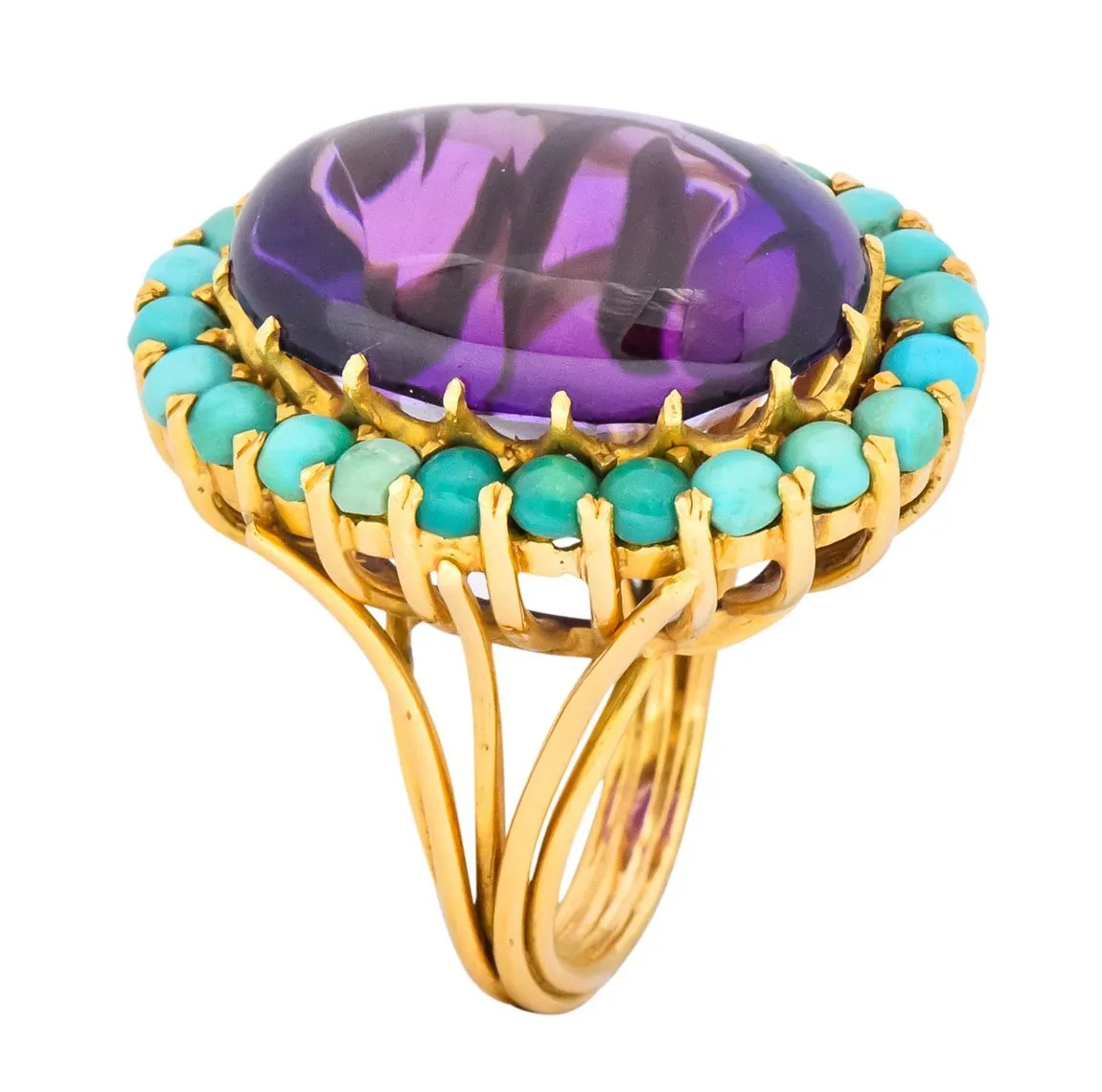 Retro 1960's Amethyst Turquoise 18 Karat Gold Cluster Cocktail Ring