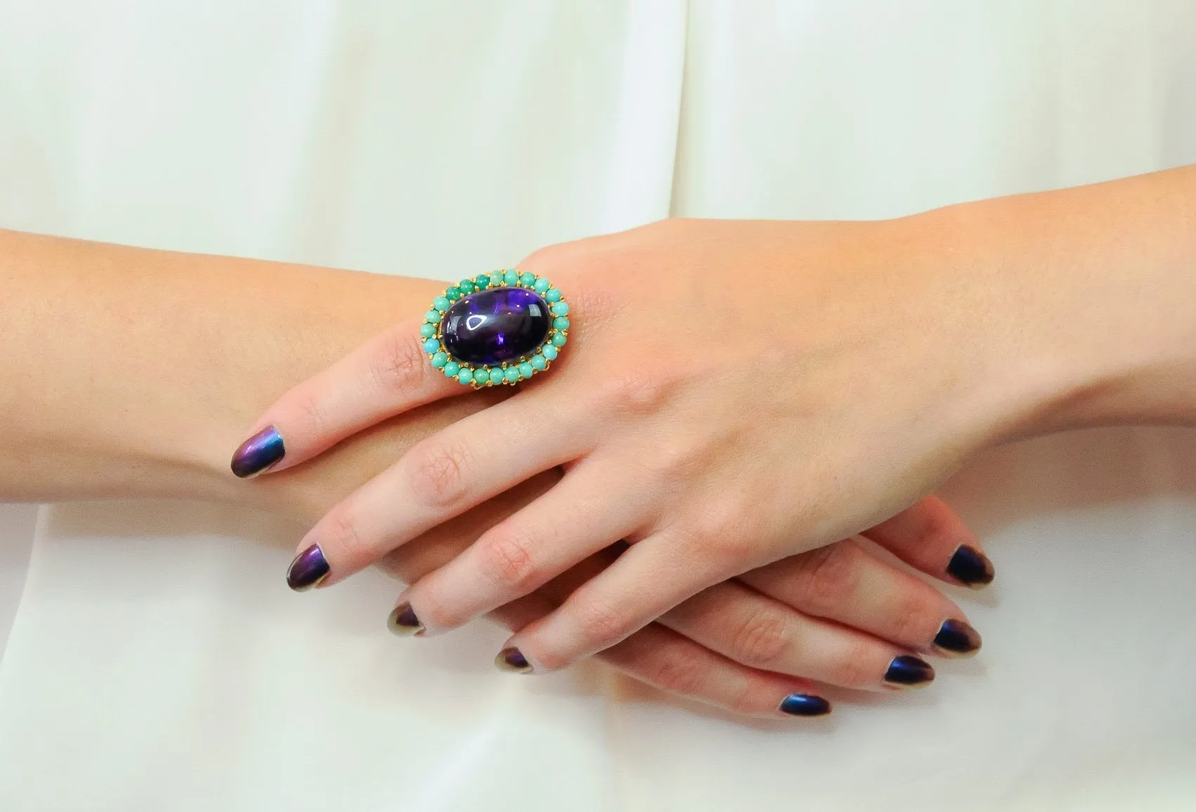 Retro 1960's Amethyst Turquoise 18 Karat Gold Cluster Cocktail Ring