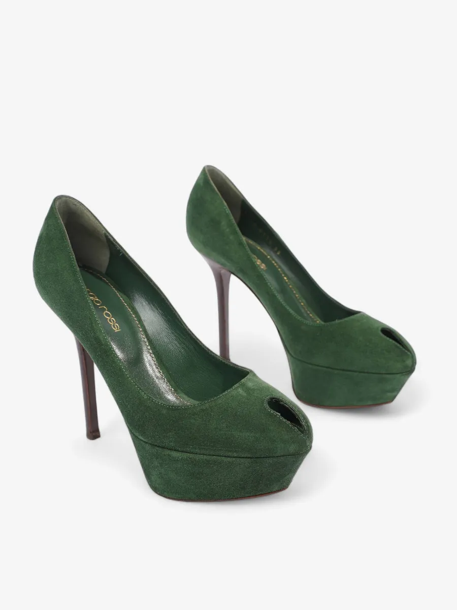 Sergio Rossi Peep Tote Pump 110 Green Suede EU 35 UK 2