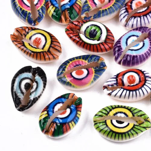 Shell Beads, Natural, Cowrie, Conch Shell, Painted, Multicolored, Assorted, Evil Eye, 18-22mm