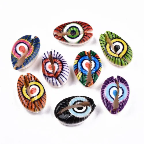 Shell Beads, Natural, Cowrie, Conch Shell, Painted, Multicolored, Assorted, Evil Eye, 18-22mm