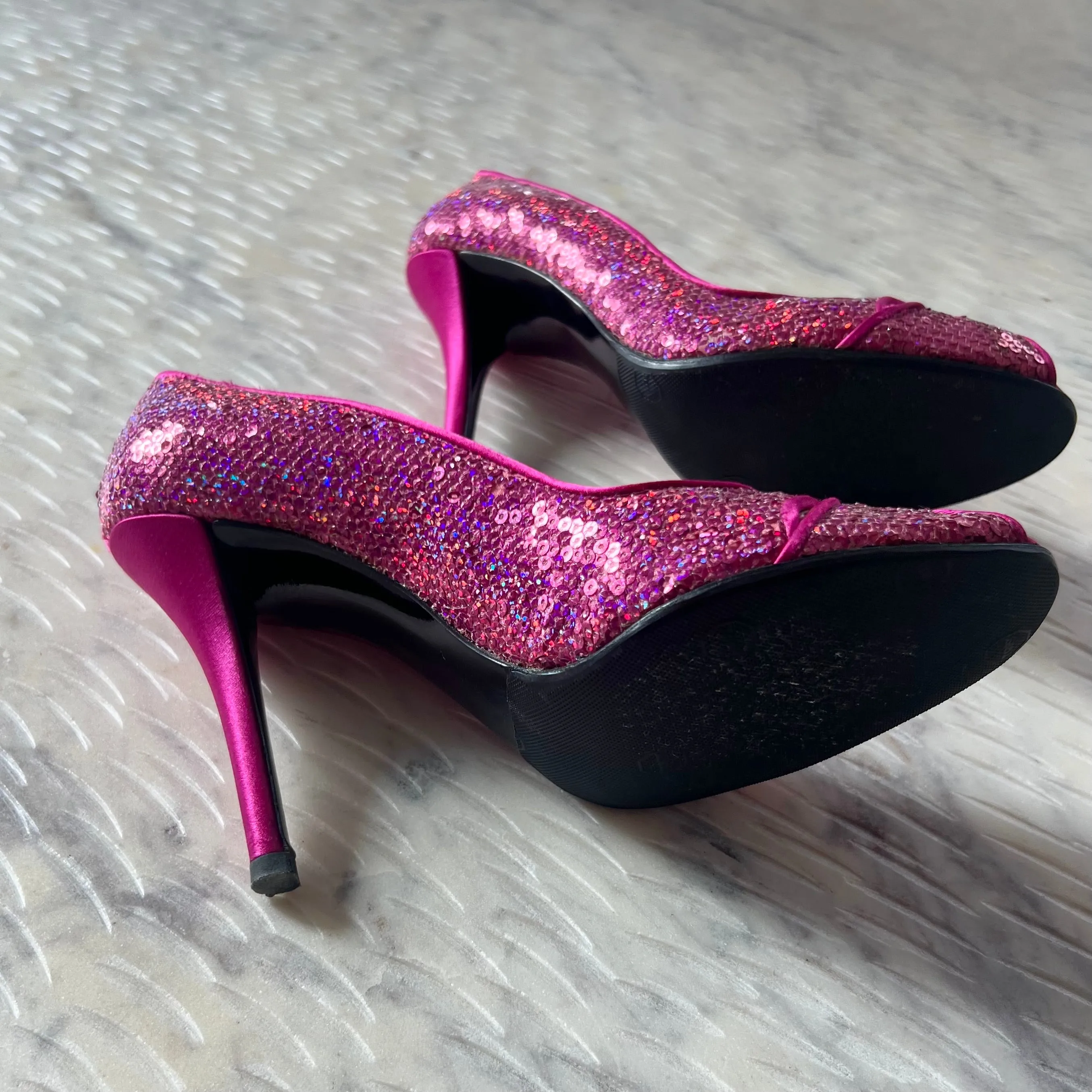 Stuart Weitzman-Fuchsia Pipesashay Sequin Peep Toe Pump