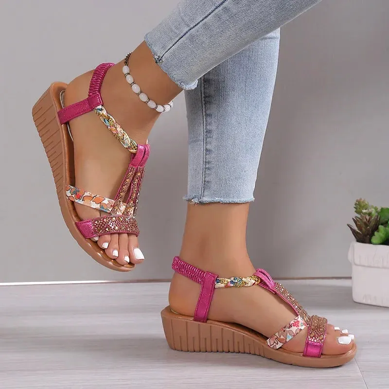 Summer Bohemia Rhinestones Sandals Female Peep Toe