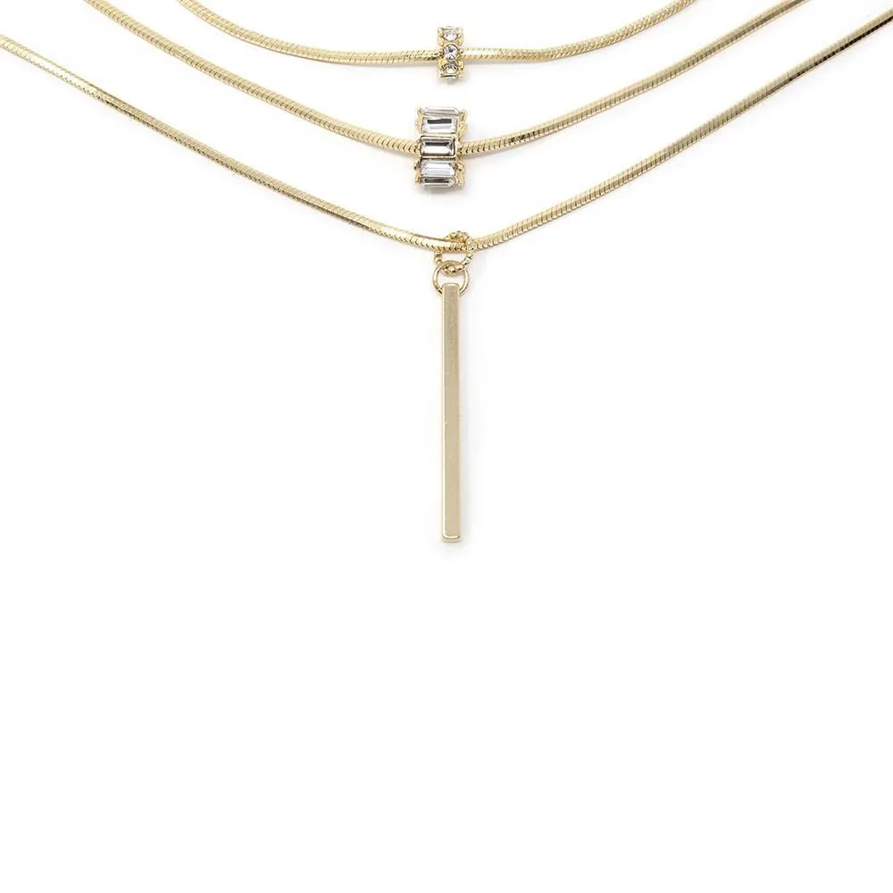 Three Layer Snake Chain Necklace CZ Pave and Bar Drop Gold Plated