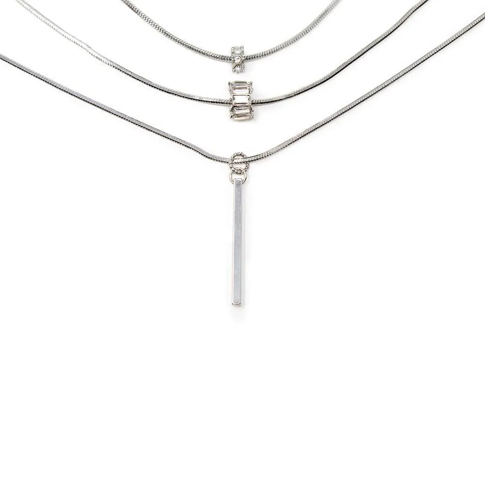 Three Layer Snake Chain Necklace CZ Pave and Bar Drop Rhodium Plated