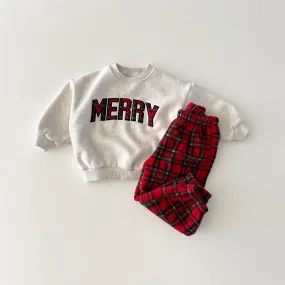 Toddler Merry Patch Embroidery Sweatshirt and Tartan Fleece Jogger Pants (6m-6y) - Red