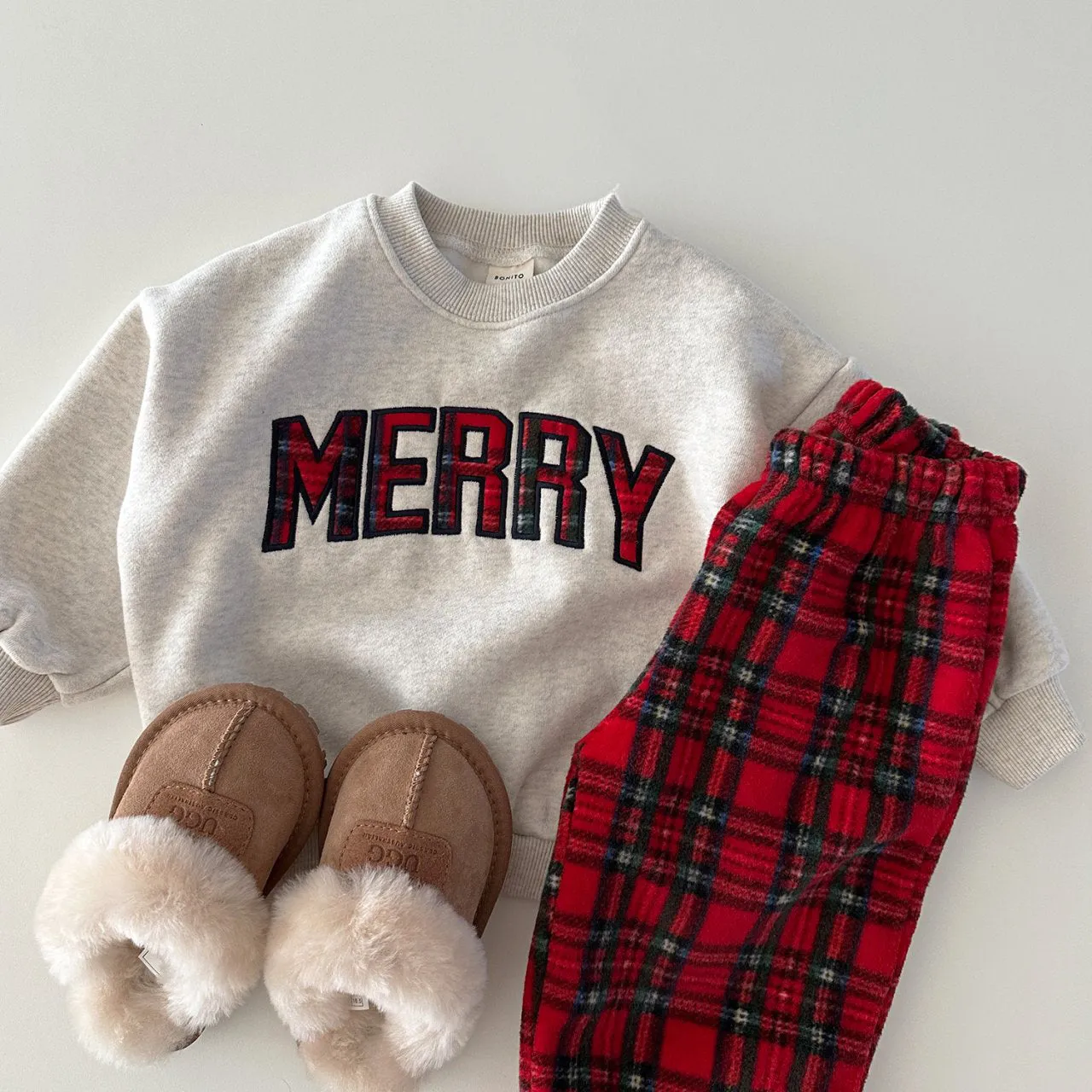 Toddler Merry Patch Embroidery Sweatshirt and Tartan Fleece Jogger Pants (6m-6y) - Red