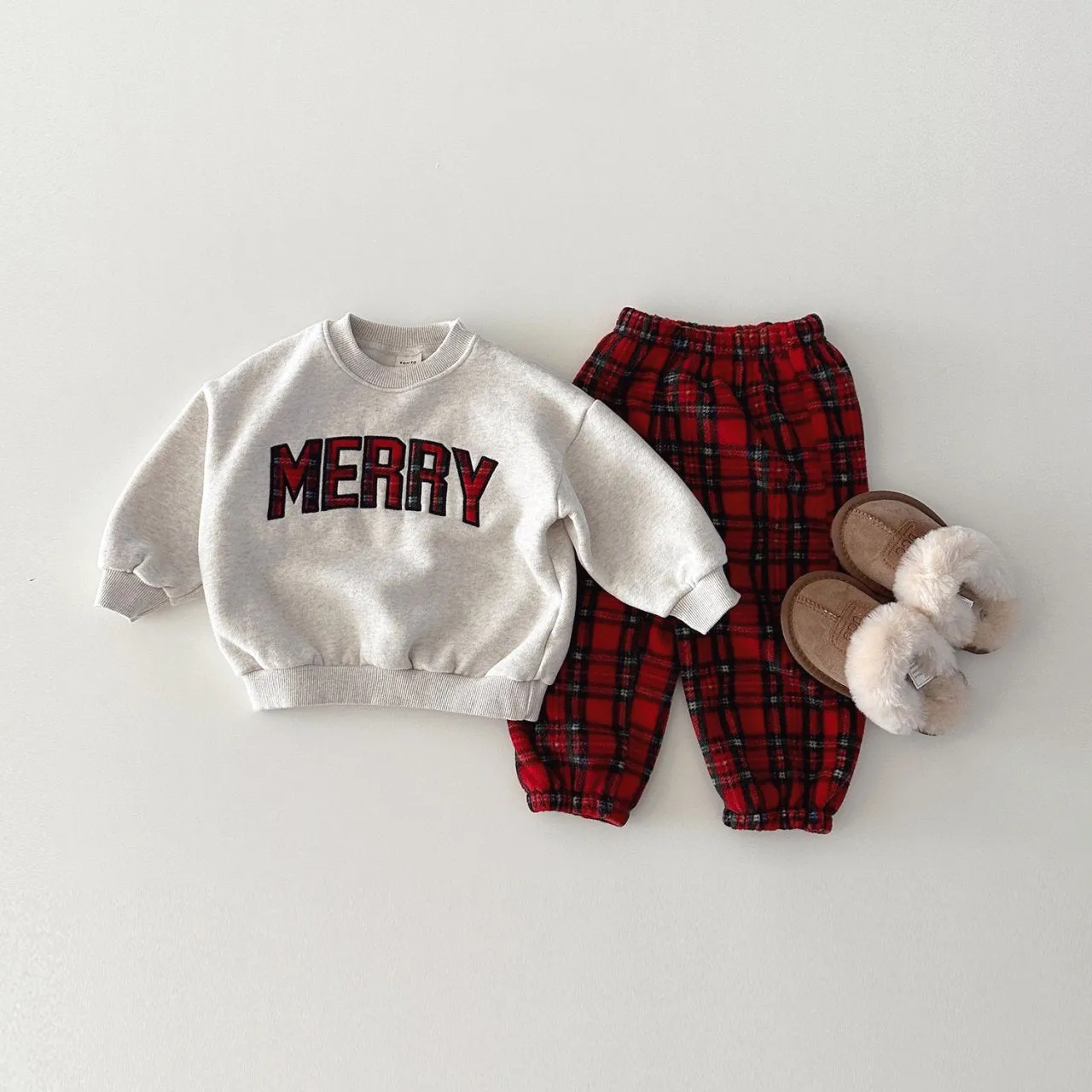 Toddler Merry Patch Embroidery Sweatshirt and Tartan Fleece Jogger Pants (6m-6y) - Red