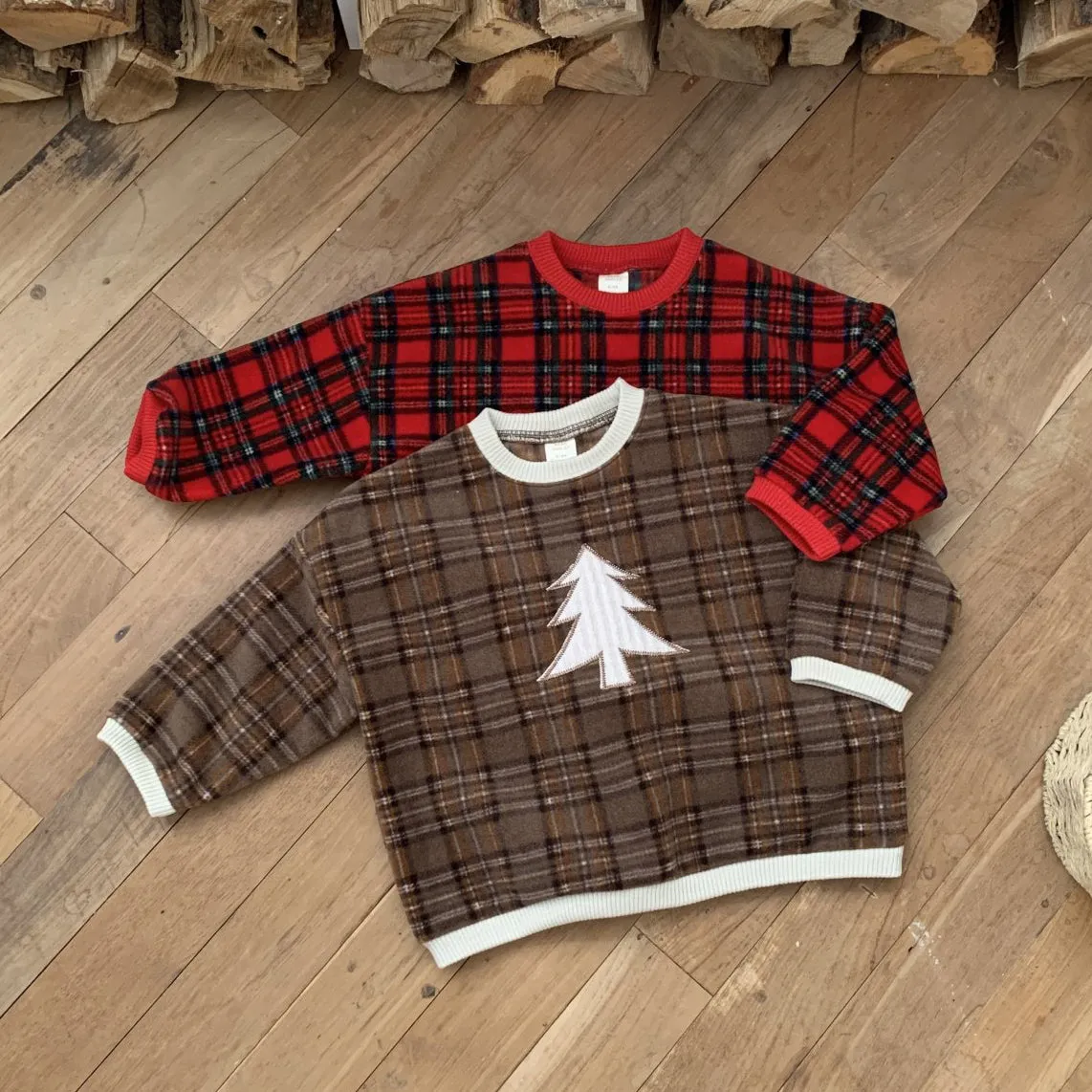 Toddler W24 Fleece Tartan Check Tree Patch Sweatshirt(3-8y)- 2 Colors