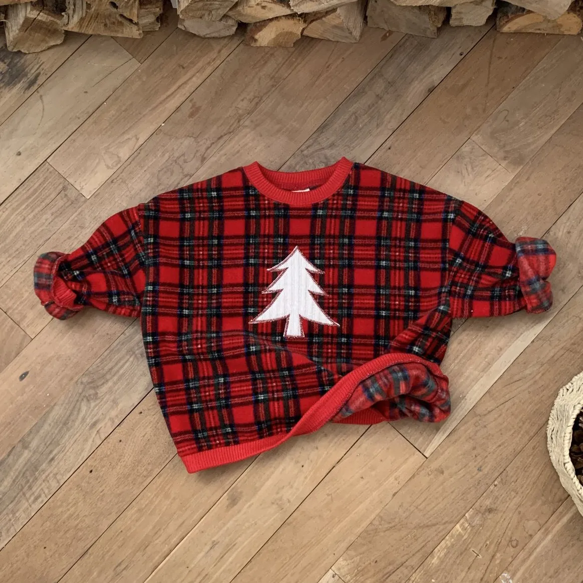 Toddler W24 Fleece Tartan Check Tree Patch Sweatshirt(3-8y)- 2 Colors