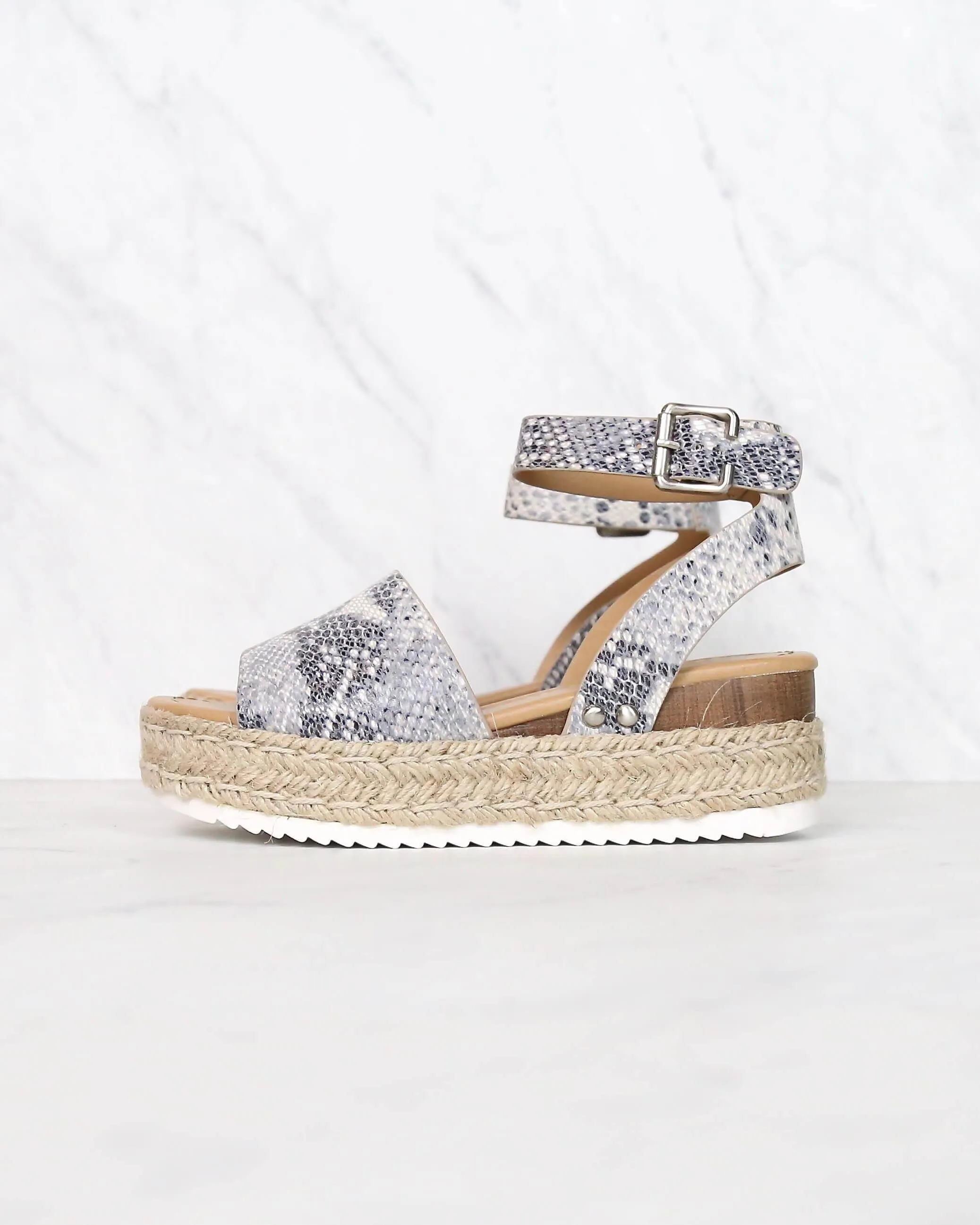 Trendy Sporty Flatfrom Espadrille Sandal with Adjustable Ankle Strap in Beige Python