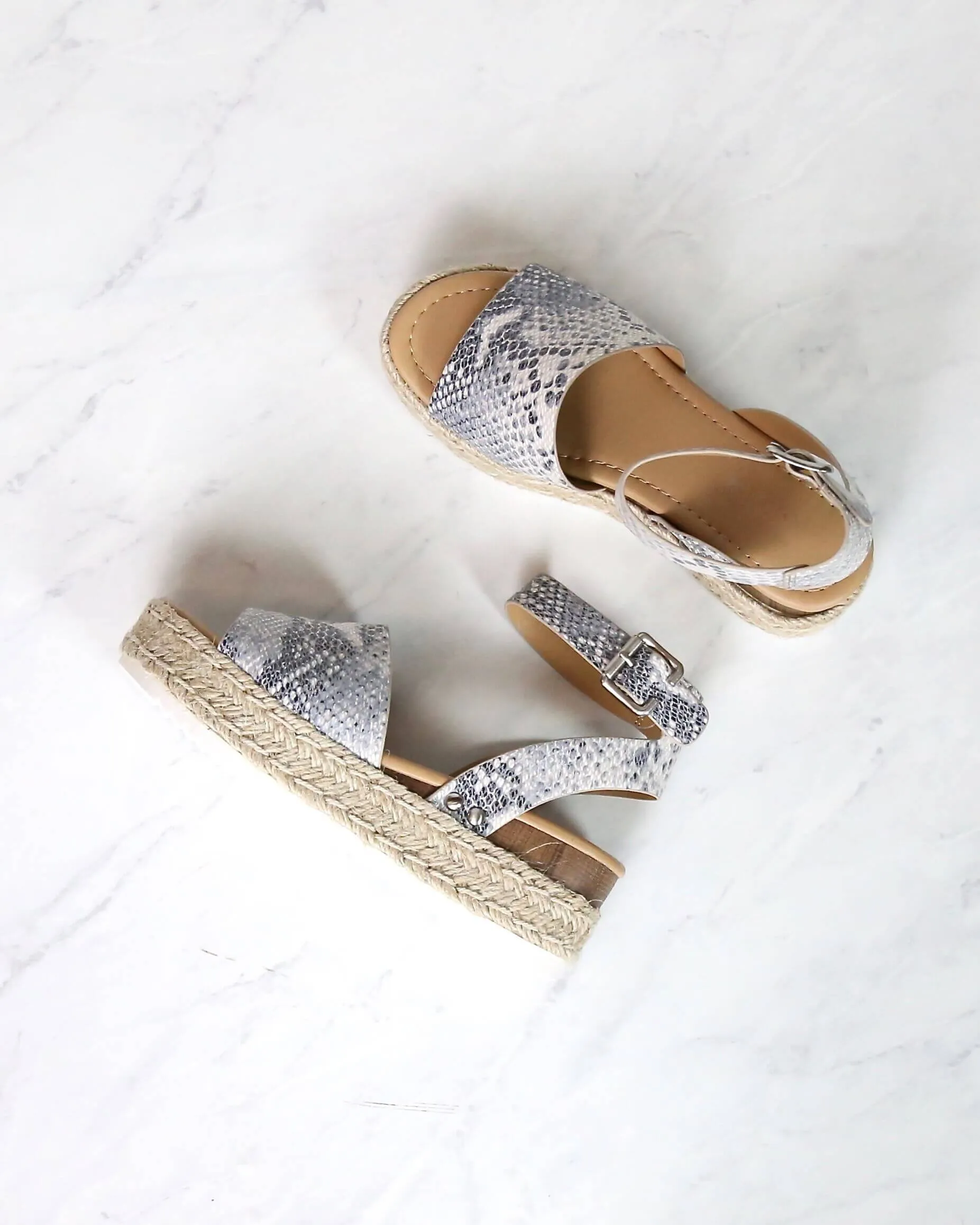 Trendy Sporty Flatfrom Espadrille Sandal with Adjustable Ankle Strap in Beige Python