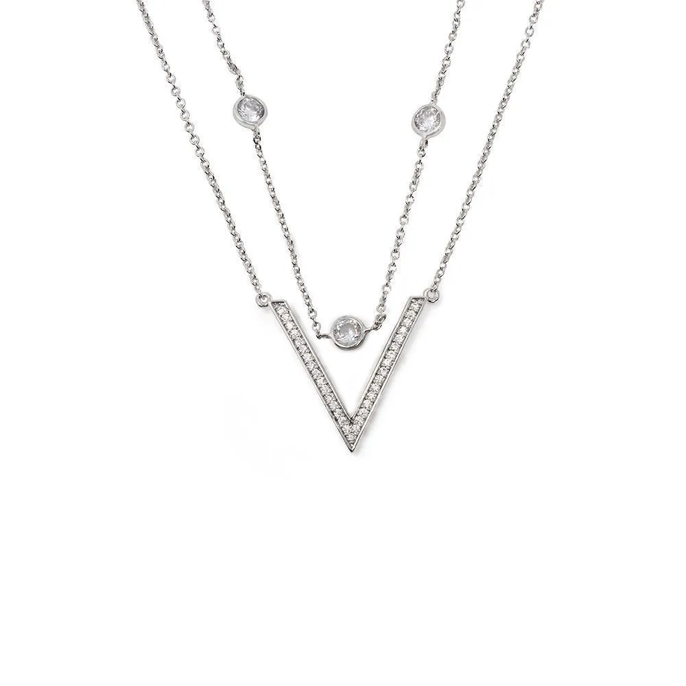 Two Layer Cubic Zirconia V Necklace Rhodium Plated