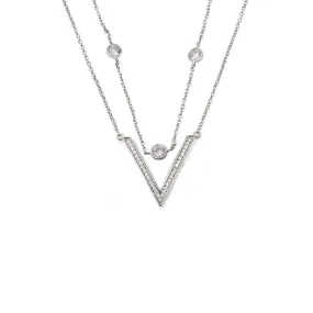 Two Layer Cubic Zirconia V Necklace Rhodium Plated