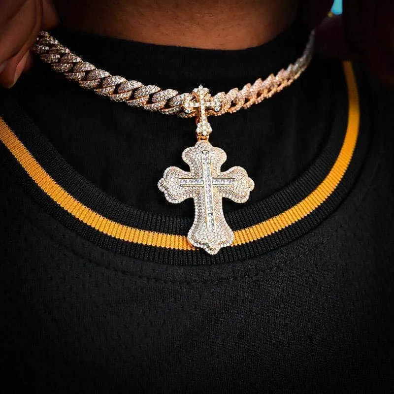 Two Layer Emerald Cross in White/Yellow Gold