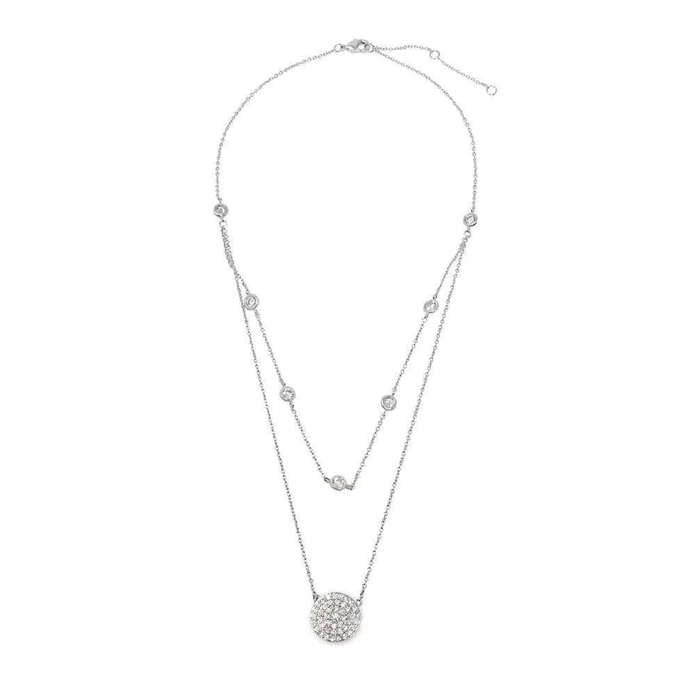 Two Layer Necklace CubicZirconia Pave Circle Rhodium Plated