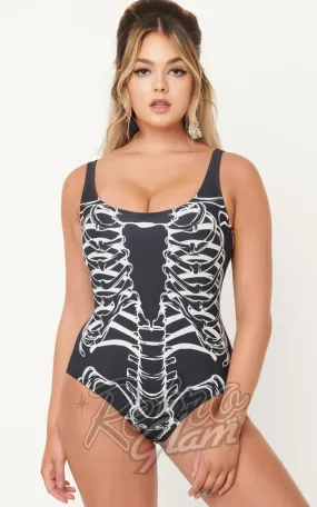 Unique Vintage Skeleton Print Huntington Swimsuit - S & 2XL left