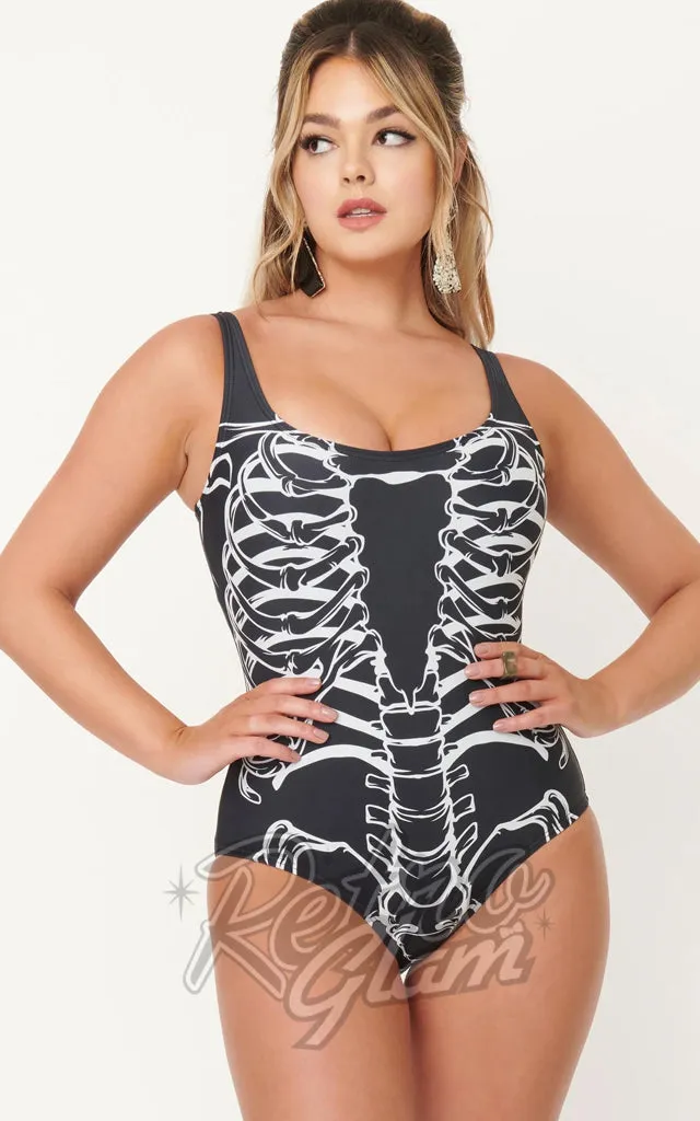 Unique Vintage Skeleton Print Huntington Swimsuit - S & 2XL left