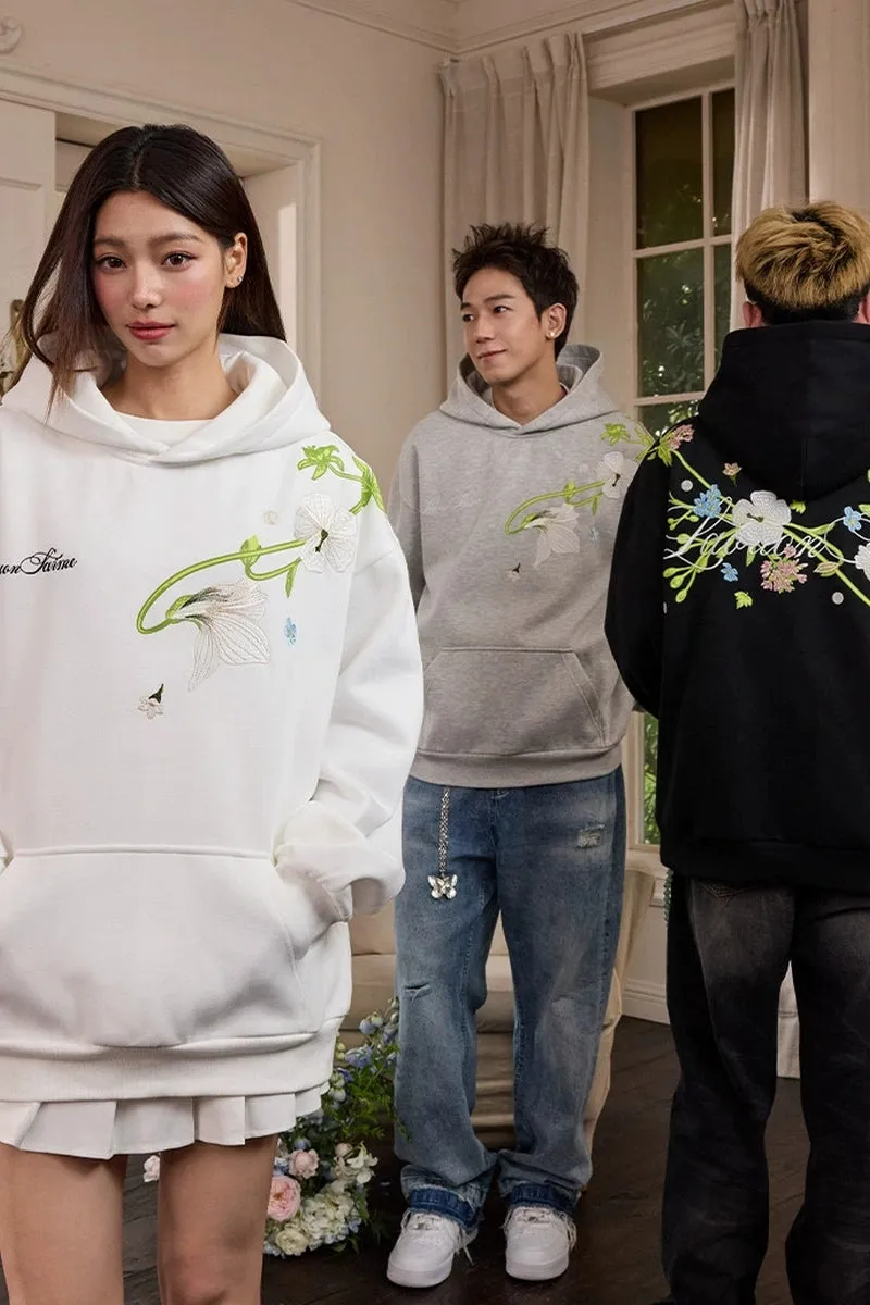 Vine Floral Embroidery Fleece Hoodie