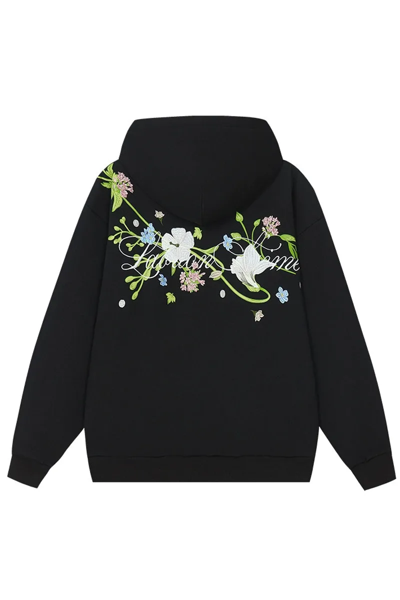 Vine Floral Embroidery Fleece Hoodie