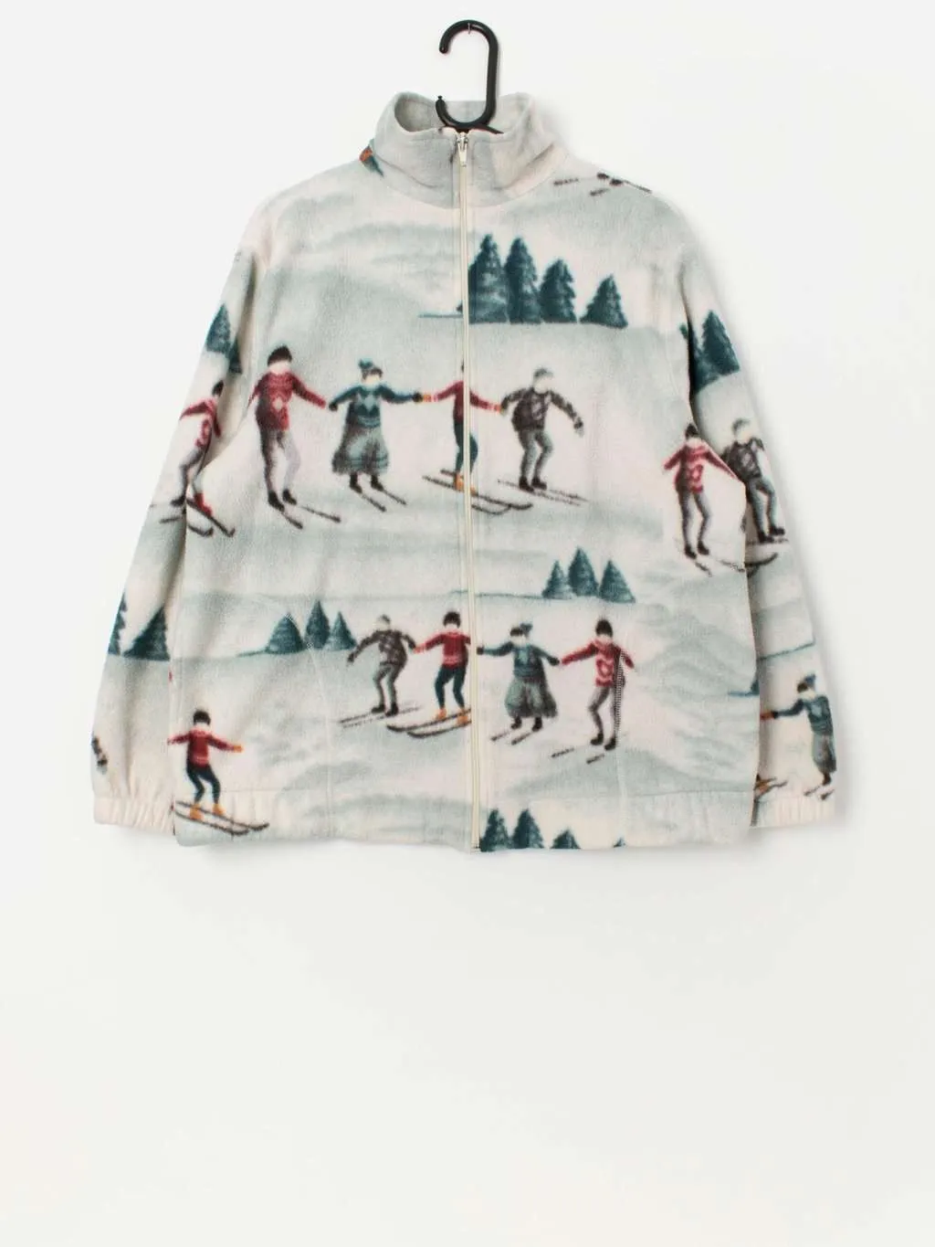 Vintage ski scene fleece jacket in blue and white – Medium