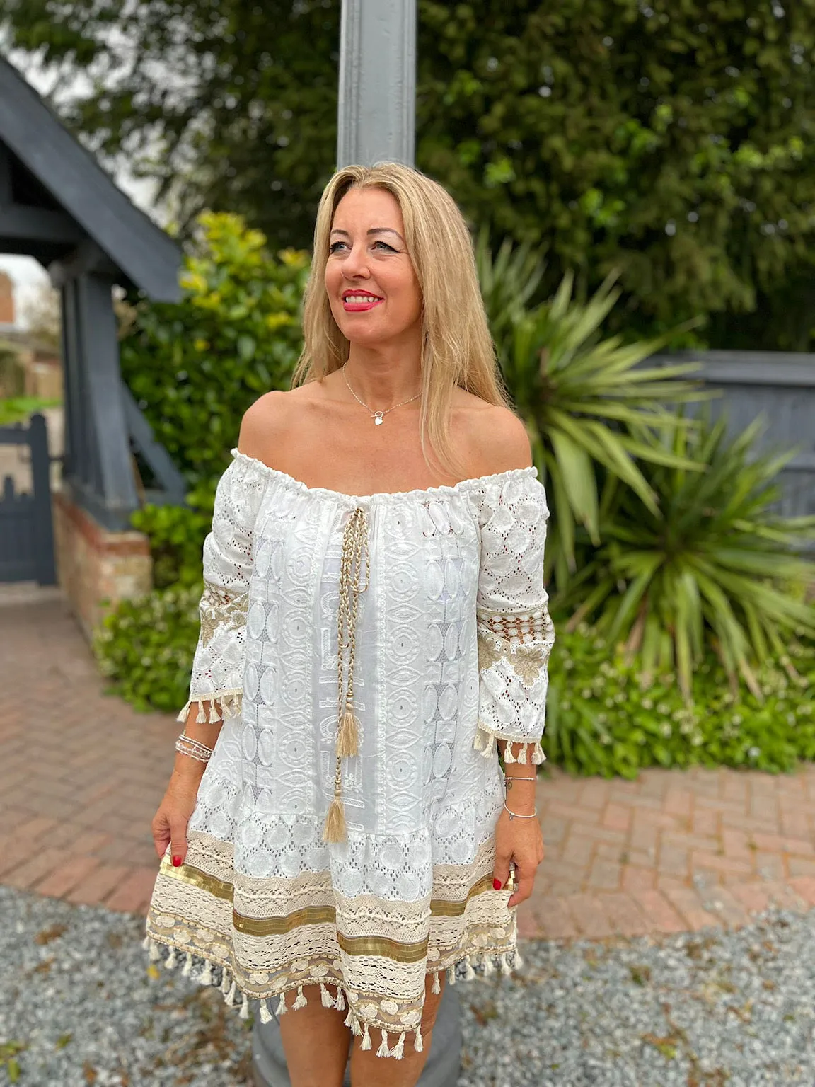 White Luxury Gold Crochet Tassel Hem Dress Frances