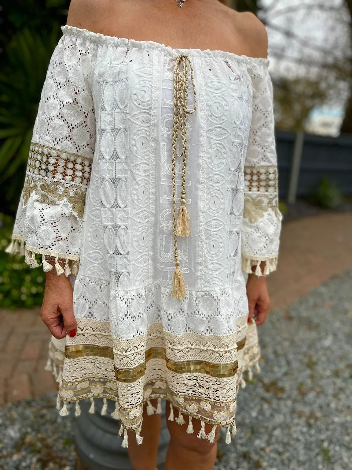 White Luxury Gold Crochet Tassel Hem Dress Frances